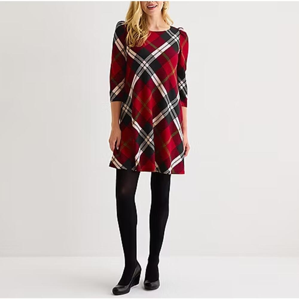 New JESSICA HOWARD Women's Red Multi 3/4-Sleeve Plaid Shift Dress Size S